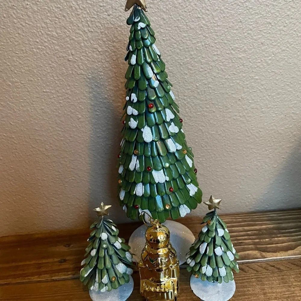 Metal Christmas Trees x 3 and a Golden Nutcracker Ornament